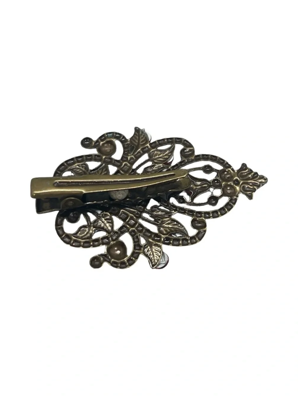 Antique Brass Filigree Brooch with Red Rhinestones FINAL PRICE DROP